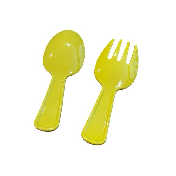 Vintage Salad Servers Decorative Cutlery Yellow Wood Design Spoon Fork Two Piece - Picture 2 of 7